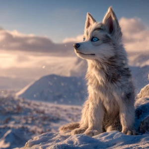 A fluffy husky puppy with bright ice-blue eyes sits atop a snowy...