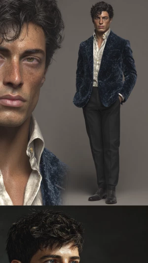 Hyper-realistic full-body male model with fixed American-Italian...