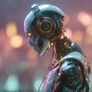 A sleek metallic robot DJ wearing headphones, performing live at...