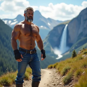 Create an image of a muscular man with gray-black hair and beard...