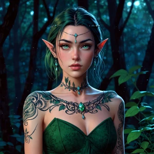 An elegant elf with shimmering emerald eyes standing gracefully...
