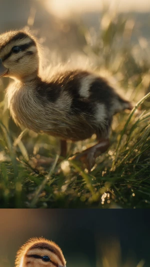 A baby duck waddles gently through soft green grass in warm morn...