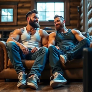 Two muscular men, John and Bobby, both with beards, displaying a...