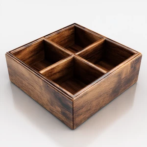 Create an image of a sturdy wooden box with three equally sized...
