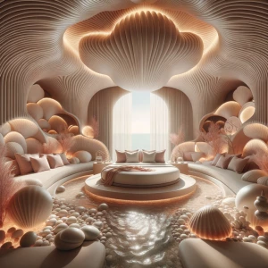 Immerse yourself in the Lagoon Shell Room of Guest Room 3, a lux...