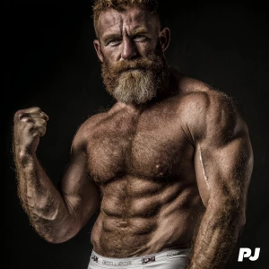 The image depicts a very hairy muscular, ginger bearded man posi...
