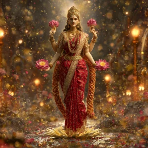 A hyper realistic 3D full-body artwork of Goddess Lakshmi walkin...