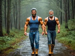 Generate an image of two men bodybuilders in Derby walking in th...