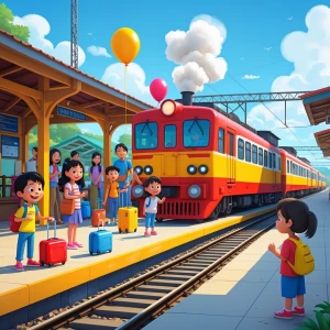“A sunny morning at a lively Indonesian train station. Families...
