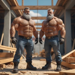 2 shirtless 99% hairy chest, bearded men 55 years old, muscular,...