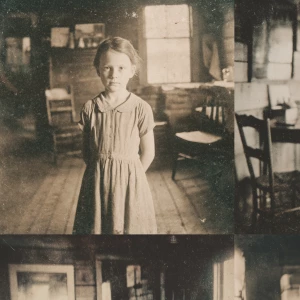 An early 1900s style photograph showing a small six-year-old gir...