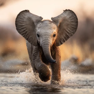 A young African elephant calf named Ember joyfully splashing thr...