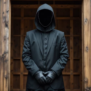 a monk in a black suit and hood stands, in place of the face dis...