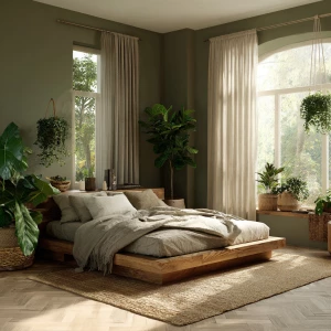 Photorealistic high-resolution image of a biophilic bedroom inte...