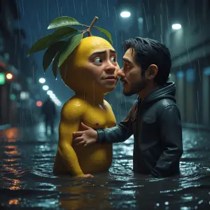 mismos personajes, pera antropomórfica bajo la lluvia abrazando...