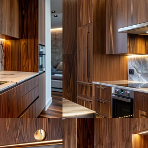 “Contemporary kitchen with walnut wood cabinets, under-cabinet l...