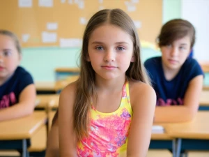 A teenage girl sitting in front of me viibrant swimsuit, middle...