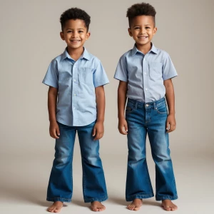 Two boys wearing shirts, blue flare jeans, and barefoot. Happy.