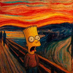 Bart Simpsons set against a classical impressionist landscape, s...