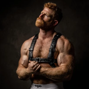 The image depicts a very hairy muscular, ginger bearded man posi...
