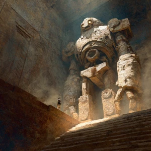 Concept art. A colossal stone golem, intricately carved with anc...