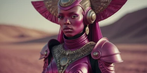 A stunningly detailed martian figure in magenta tones, adorned i...