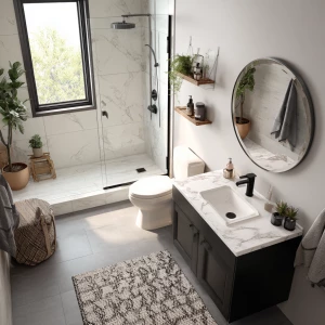 Design a modern small black and white bathroom with matte black...