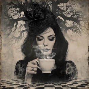 Colorsplash double exposure steamy cup of coffee, goth elements,...