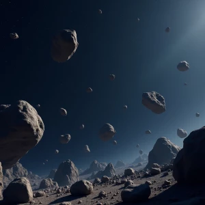 Generate a detailed and realistic illustration of asteroids drif...