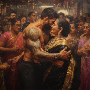 Hyperrealism painting.a muscular beefy sweaty tattoed indian man...
