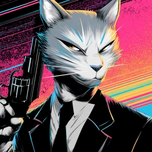 A humanoid cat character with sleek, silver fur, dressed in a st...