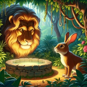 A jungle scene from a children story, a proud lion near a well s...