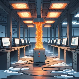 Karikatur in deutsch. In einer Werkshalle mit Computer-Arbeitspl...