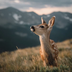 Close-up 16:9 cinematic shot of baby fawn lifting her head towar...