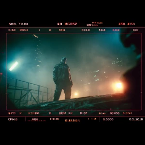 "A wide cinematic shot from a live-action 1990s sci-fi movie. Fr...