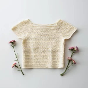 Create a flat lay showcasing a delicately hand-crocheted top wit...