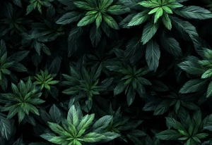 top-down overhead view of dense dark-green foliage, repeating pa...