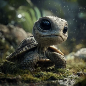 Generate a hyperrealistic image of a baby turtle with the head o...