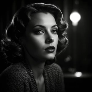 A femme fatale portrait in classic noir style, black and white,...
