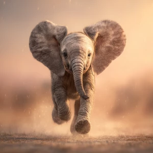 A baby African elephant named Ember, running toward the camera w...