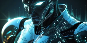 A mesmerizing silicon sentinel, its surface shimmering with a hy...