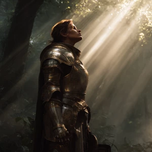 Digital painting of a stoic female knight in highly detailed arm...