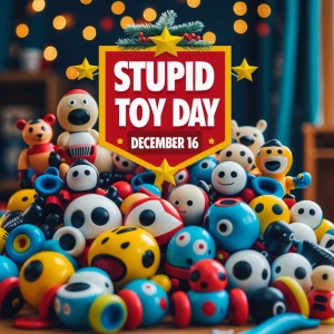 Banner states
“Stupid Toy Day
December 16”
(pile of stupid toys,...