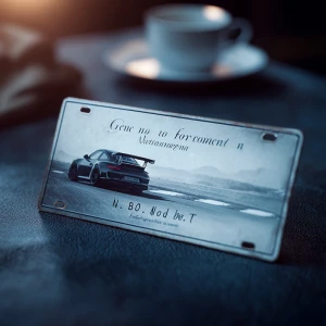 Create a 6x12-inch license plate displaying a sleek silhouette o...