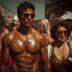 Hyperealism,a muscular beefy kashmiri son in law walking ,with h...