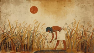 An ancient Egyptian farmer, painted in the style of a faded temp...