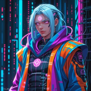 Within the neon-lit cyber realm, a garishly garbed digital oracl...