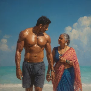 Hyperrealism,oil painting.a muscular sweaty indian man, walking...