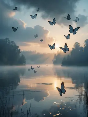 Vividly visualize a serene lake at sunrise, enveloped in misty l...