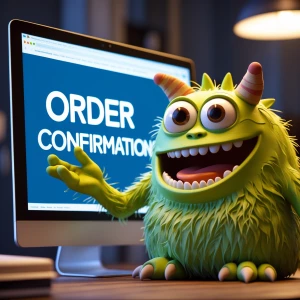 Generate a claymation image of a friendly-looking monster buying...